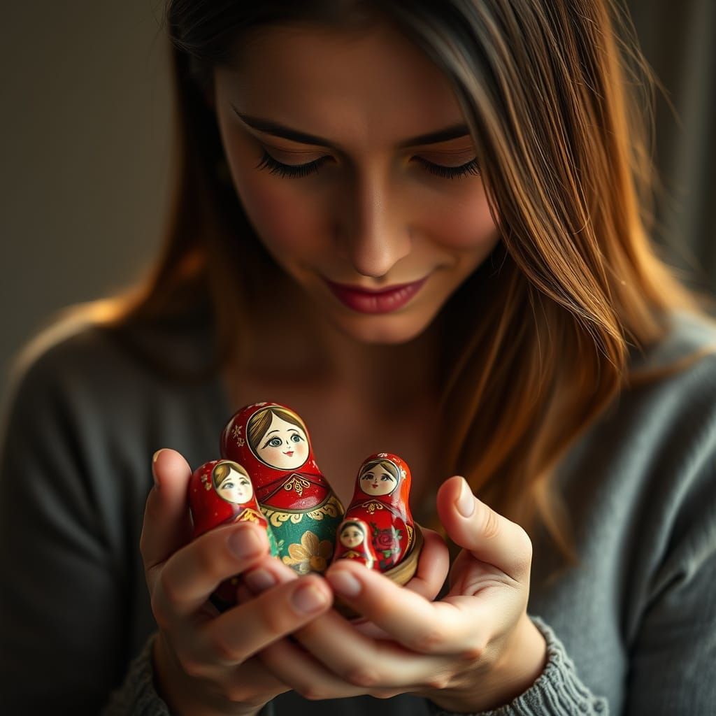 Woman Tenderly Holds Open Matryoshka Doll, Illuminated by Wa...