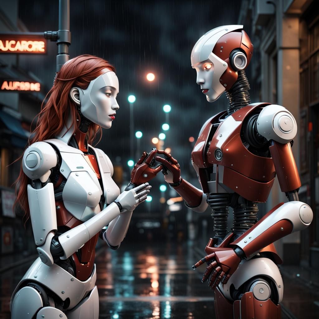 Robots Kissing Passionately in Rainy Street