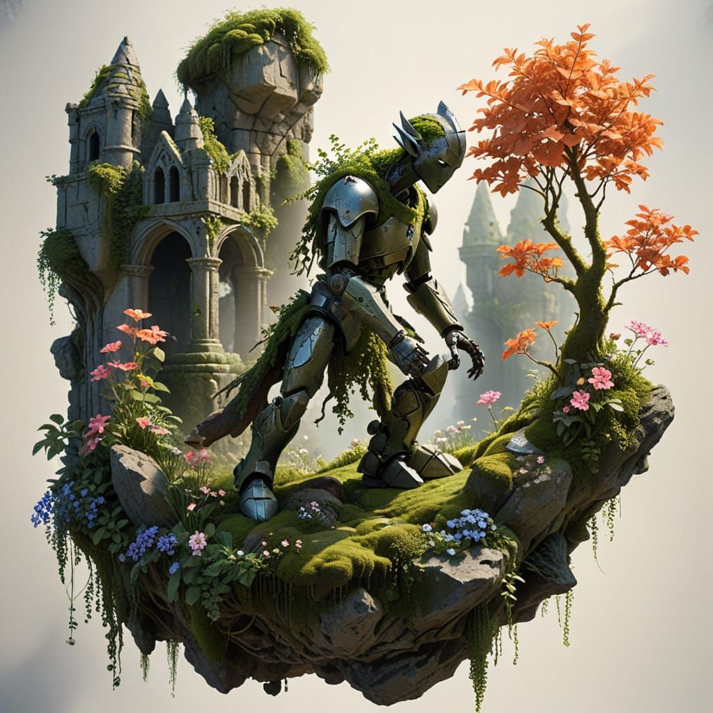 Mystical Elven Castle Garden with Stone Golem