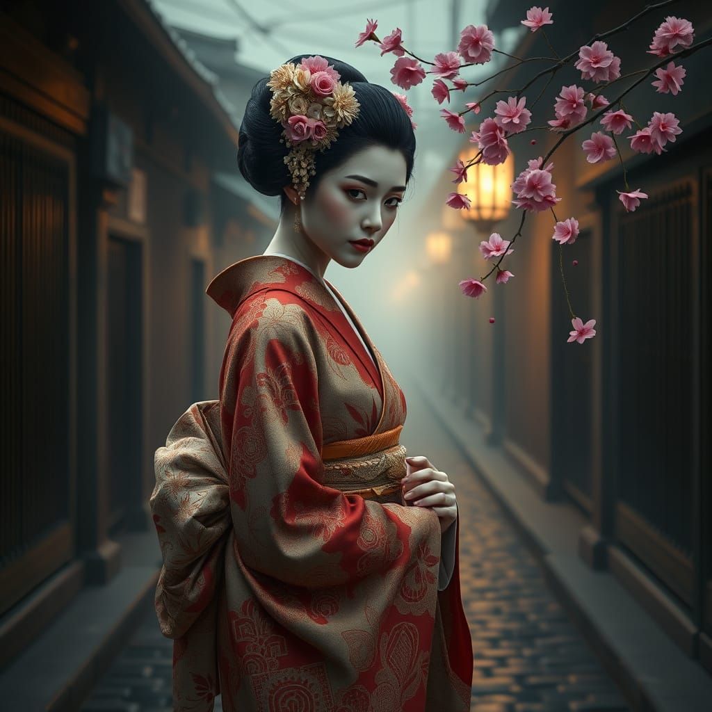 Geisha Portrait in Misty Japanese Village
