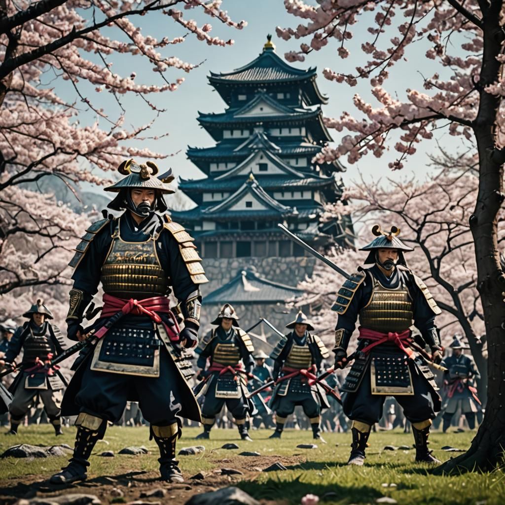 Samurai Battle with Cherry Blossoms: Cinematic Film Still