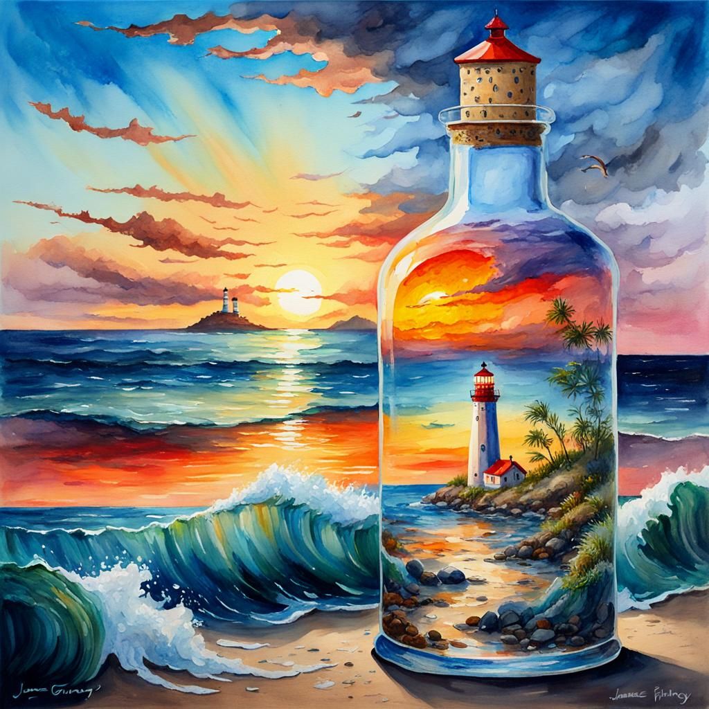 Watercolor Fantasy: Lighthouse in a Bottle Seascape