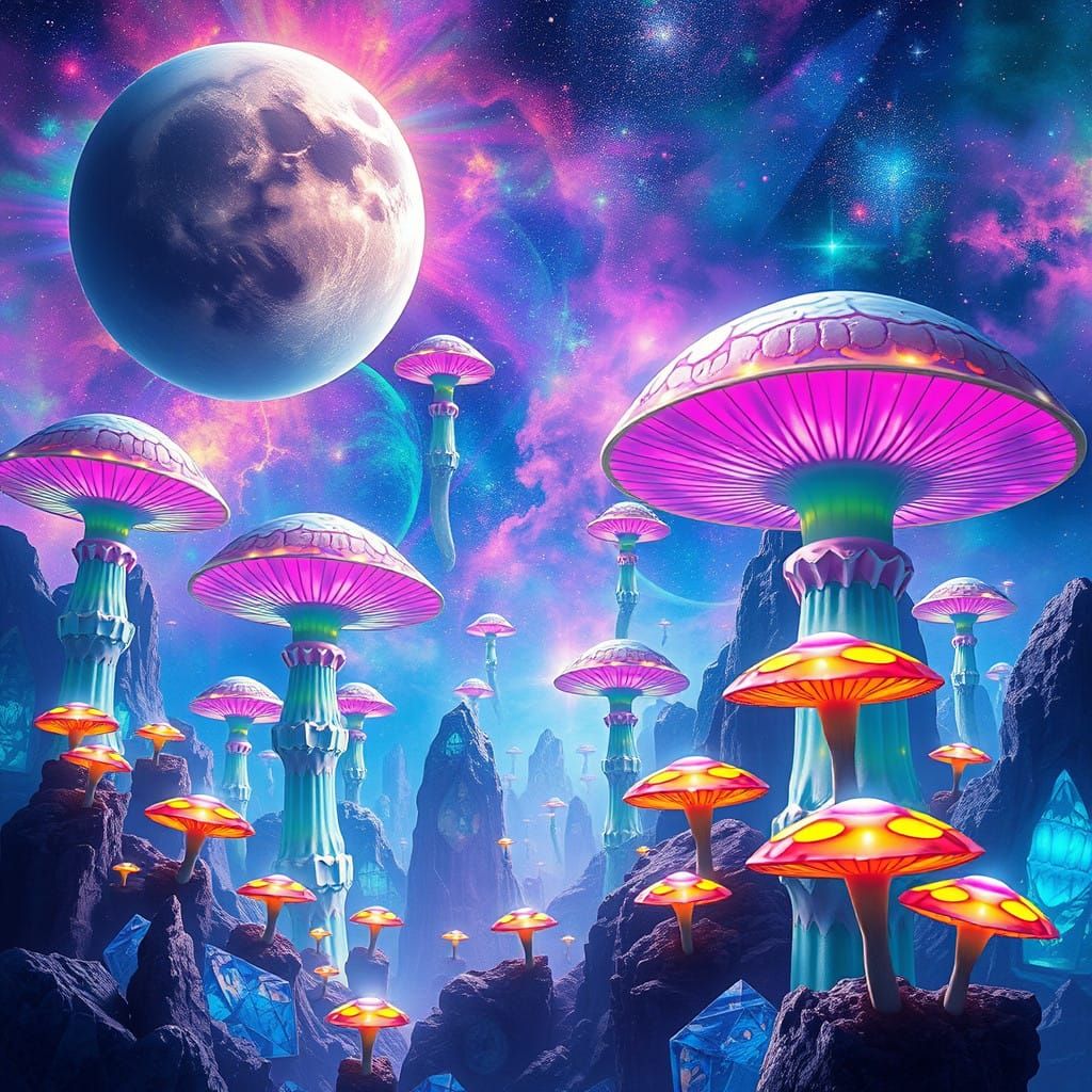 Stained Glass Cosmos with Glowing Planets and Mushrooms