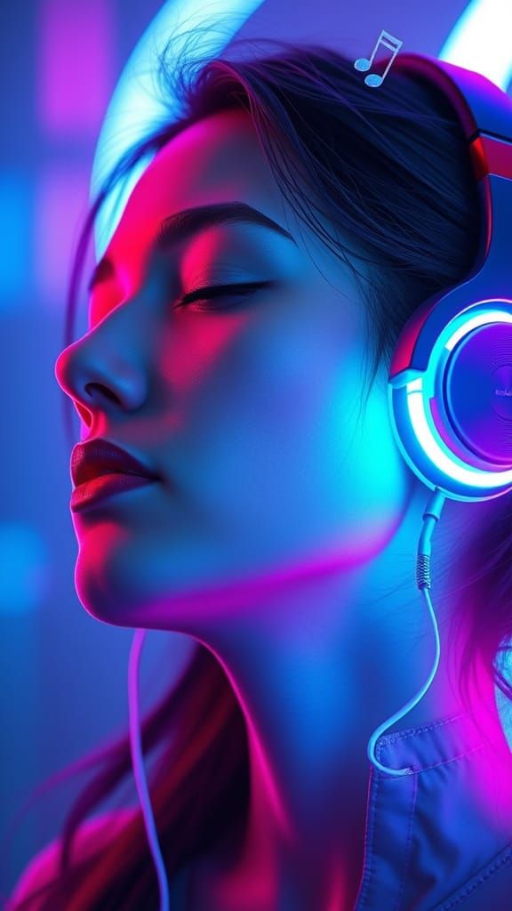 Serene Music Lover in Vibrant, Neon-Lit Harmony