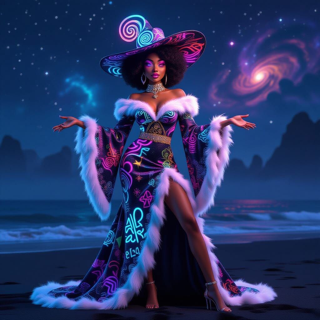 Celestial Hip-Hop Goddess on Alien Beach in 3D