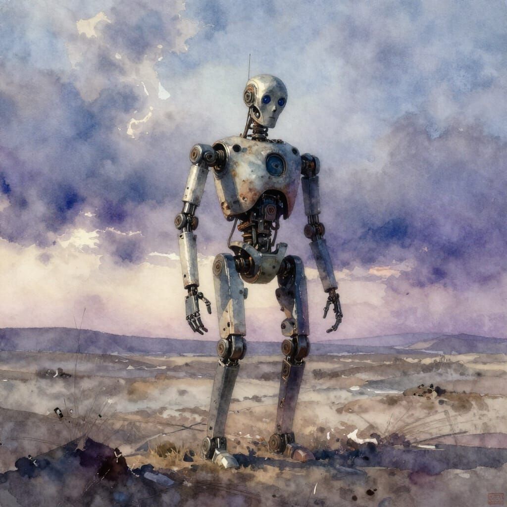 Weathered Automaton in Desolate Landscape as Watercolor Pain...