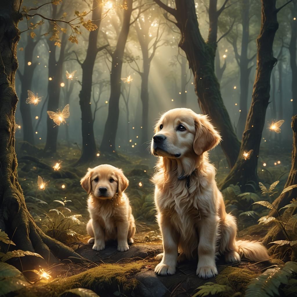 Glowing Golden Retriever Puppy in Magical Forest