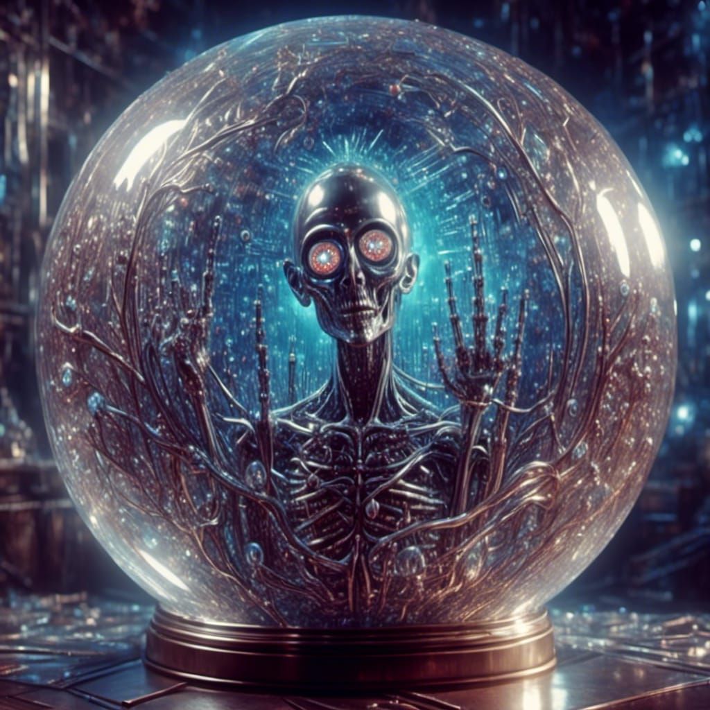 Max Headroom in Crystal Ball with Futuristic Filigree
