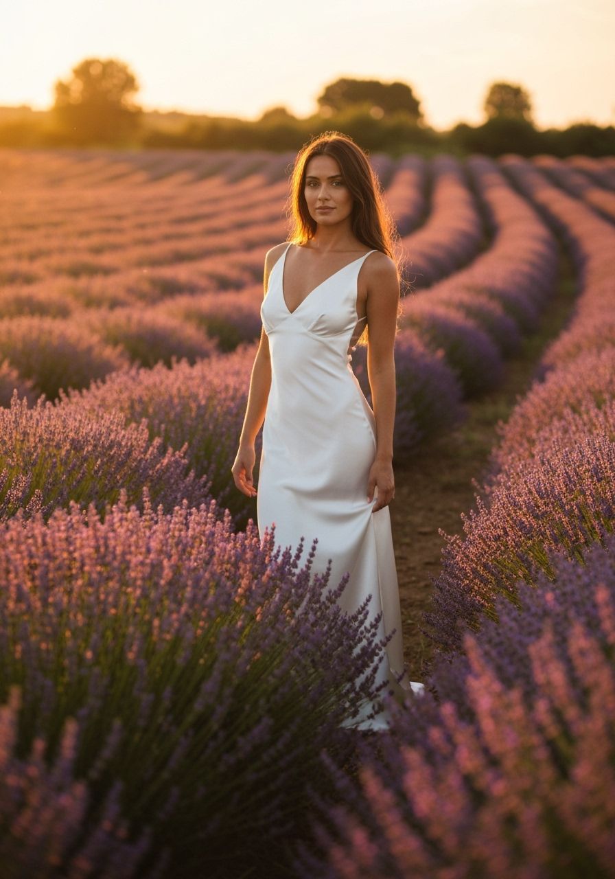 Italian Model in Lavender Field at Sunset
