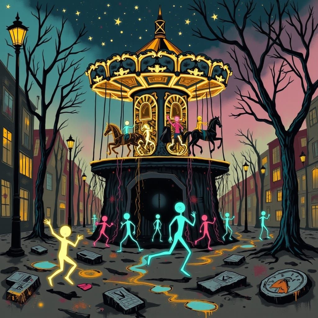 Surreal City Battlefield at Twilight with Allegorical Figure...