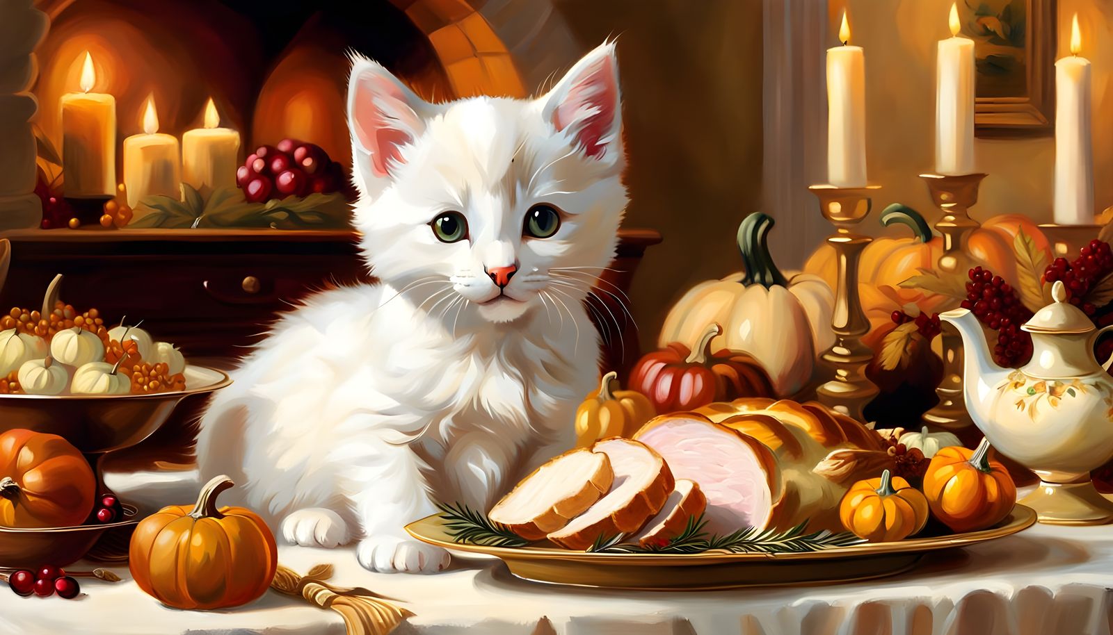 White Kitten at Thanksgiving, Oil Painting