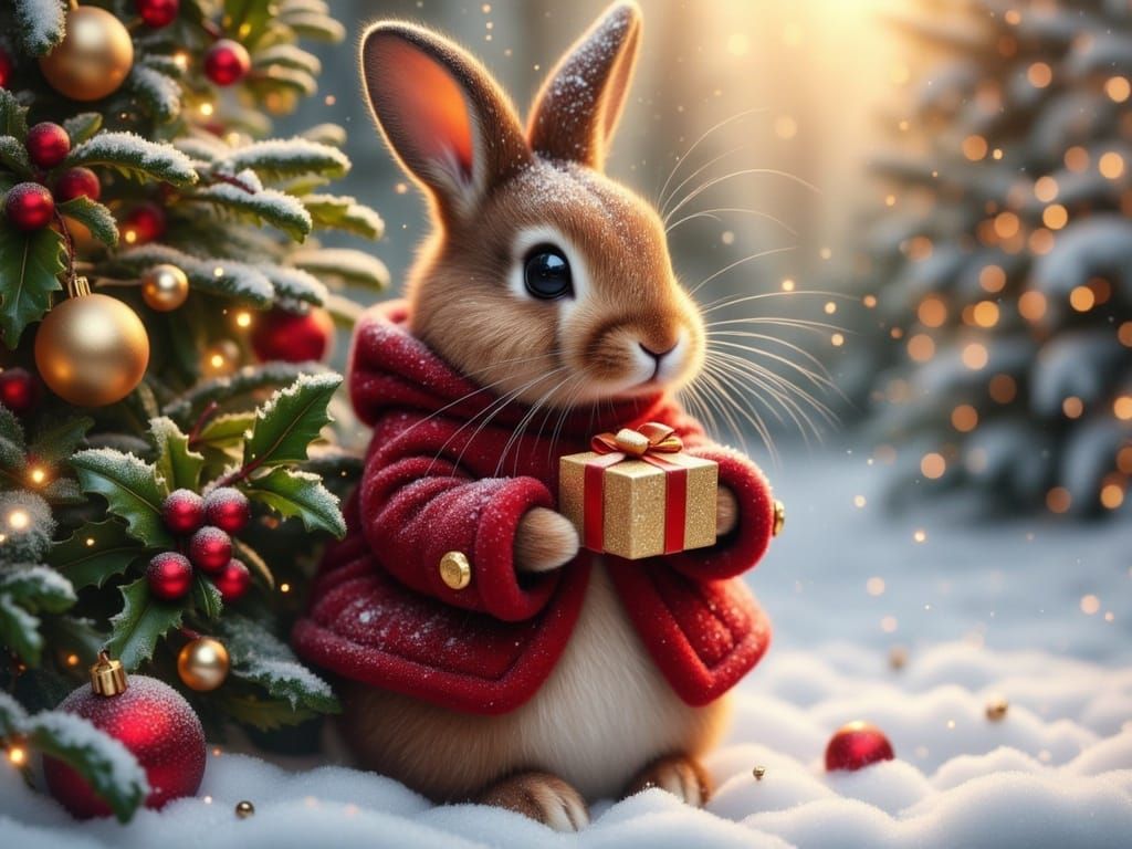 Hyperrealistic Winter Rabbit with Festive Present