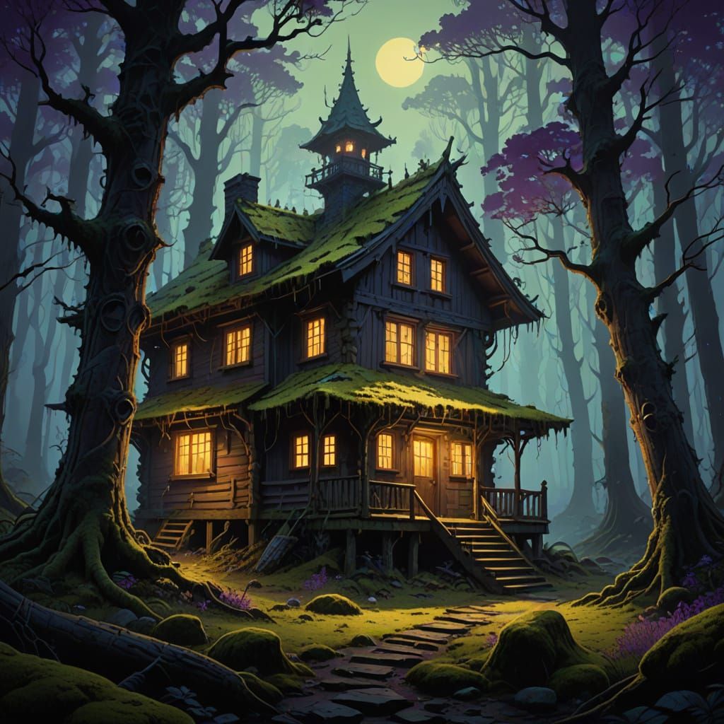 Haunted Cabin in Enchanted Forest: Dark Fantasy Art