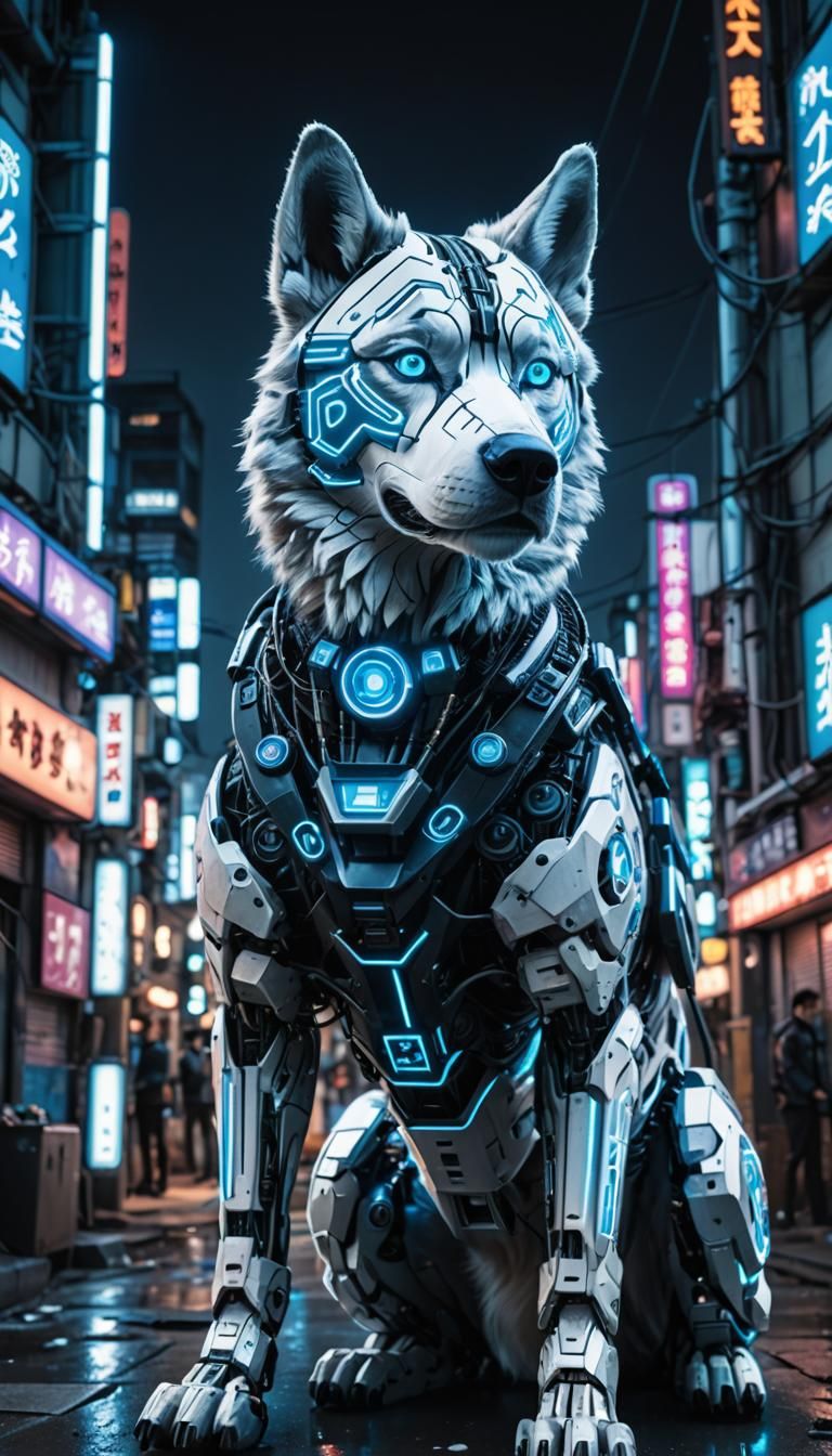 Cyberpunk Robotic Husky in Neon Cityscape