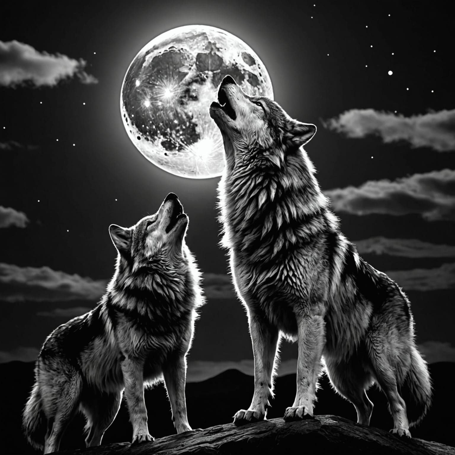 Wolves Howling at the Moon in Black and White