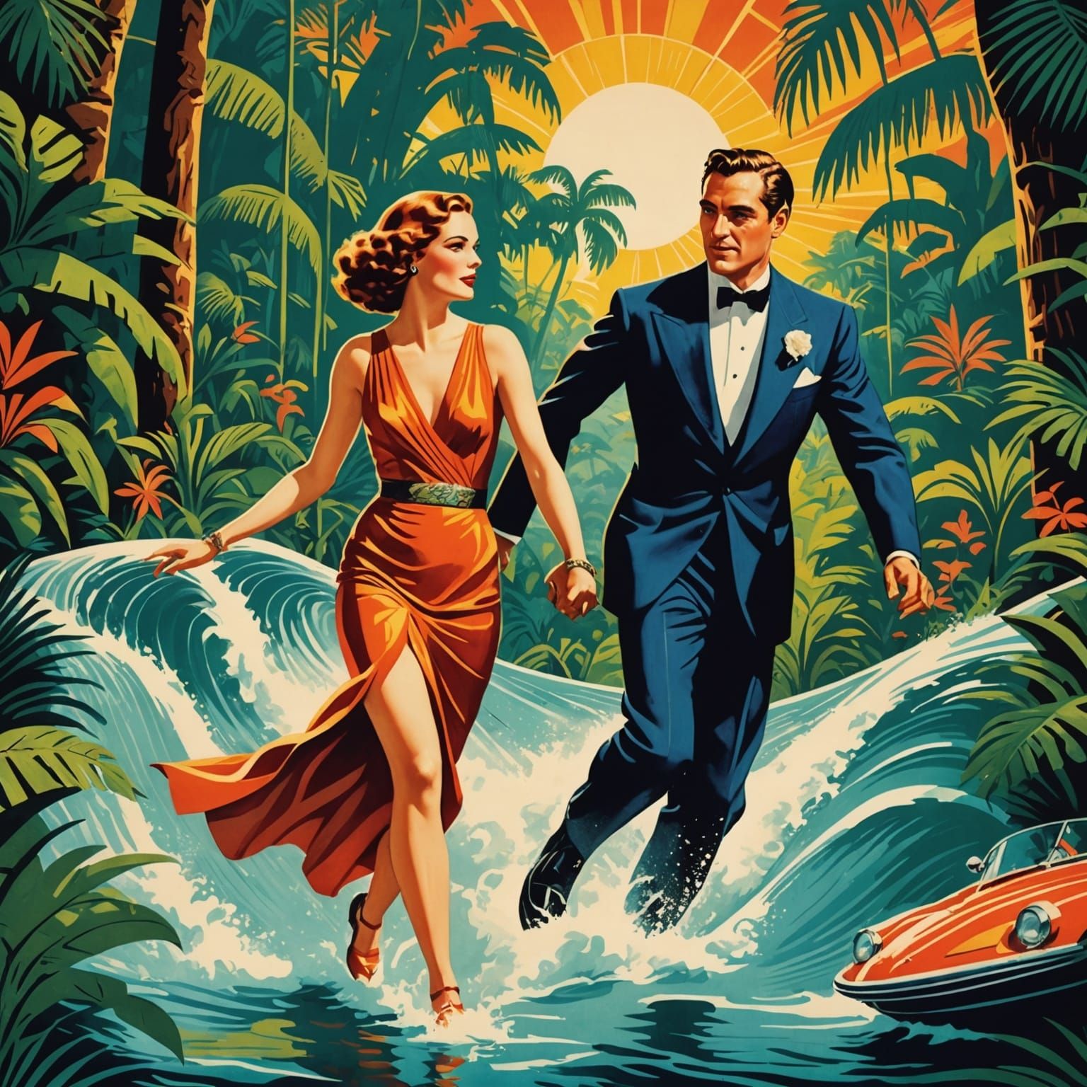 Jungle Waterslide Adventure in Art Deco Style
