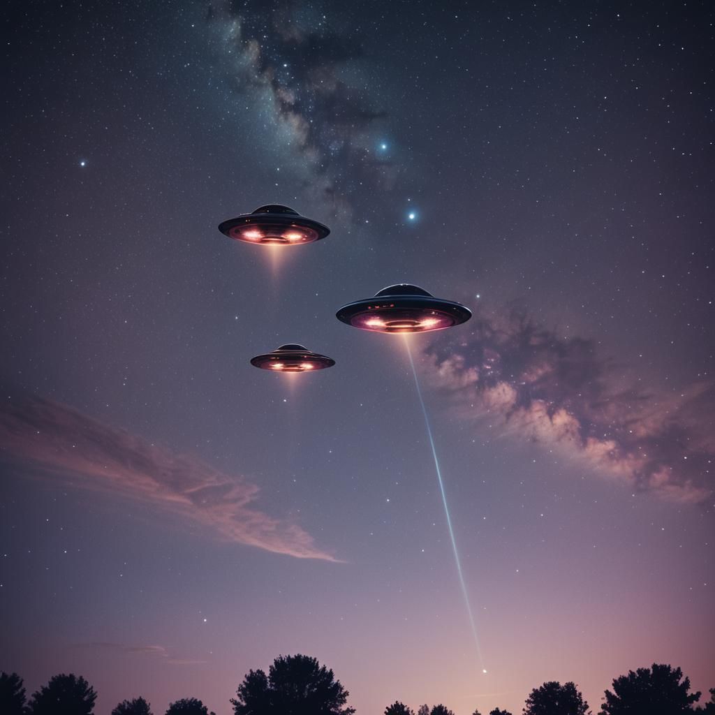 Two UFOs in Starry Night Sky: Cinematic Film Still