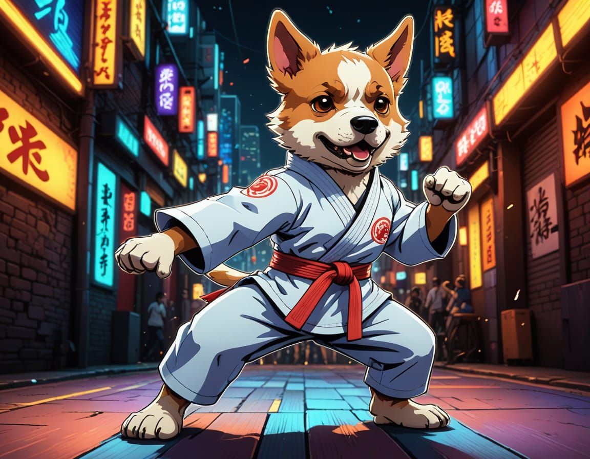 Anime Karate Dog in Action Pose, Cel-Shaded Style