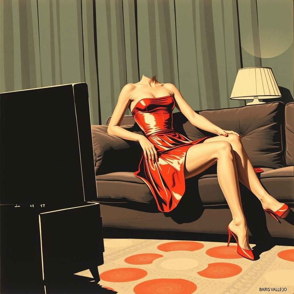 1960s Woman Lounging, Woodcut Lino Print