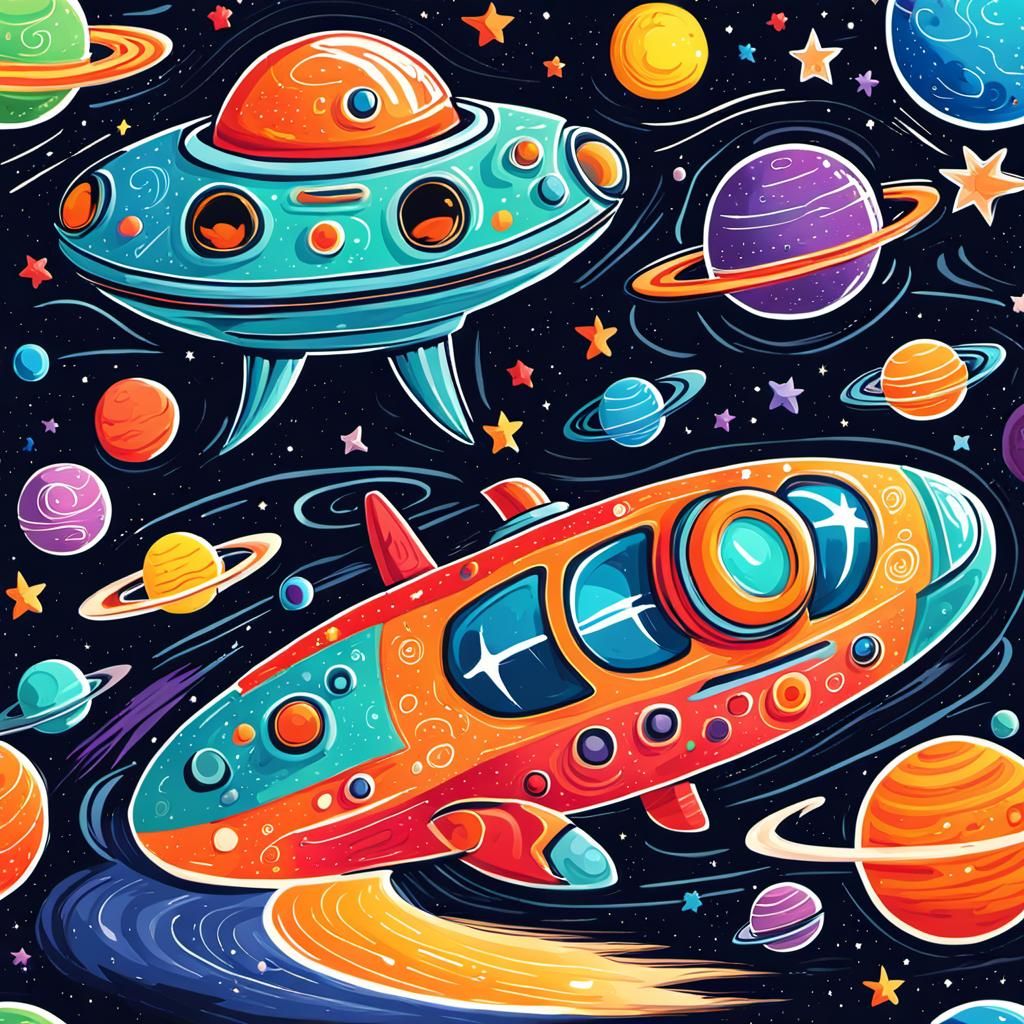 Doodle Kaiju Battles UFOs in Swirling Galaxy