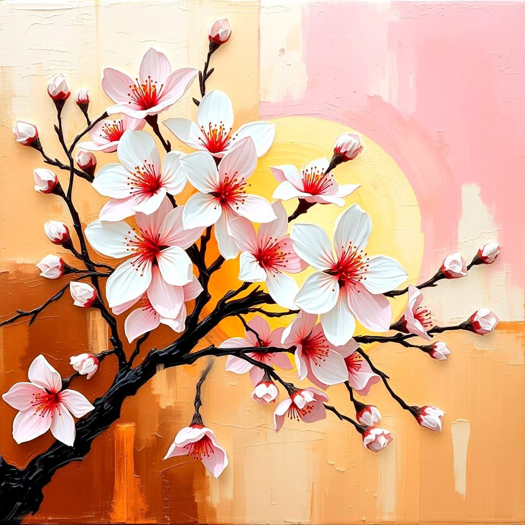 Vibrant Mondrian Cherry Blossoms in Impasto Sunrise