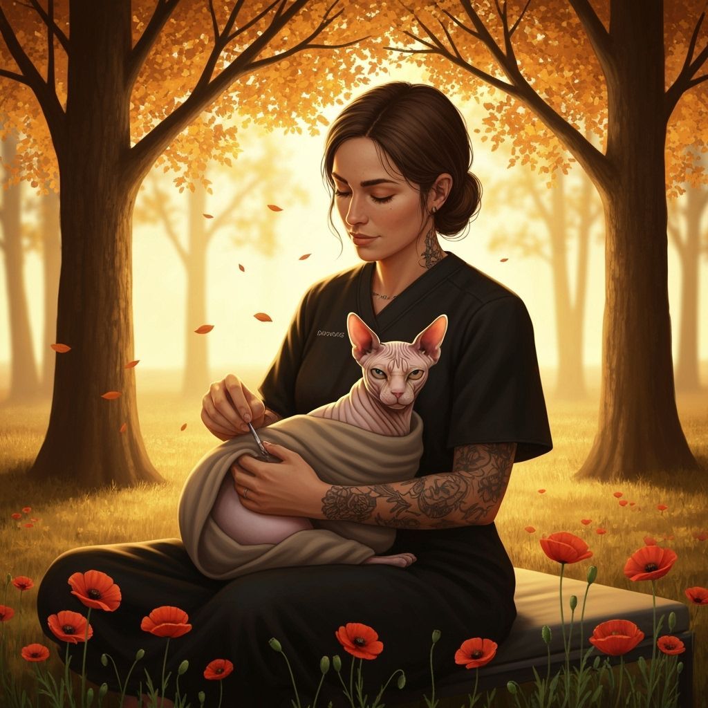 Veterinarian Tends to Sphynx Cat in Autumnal Glow
