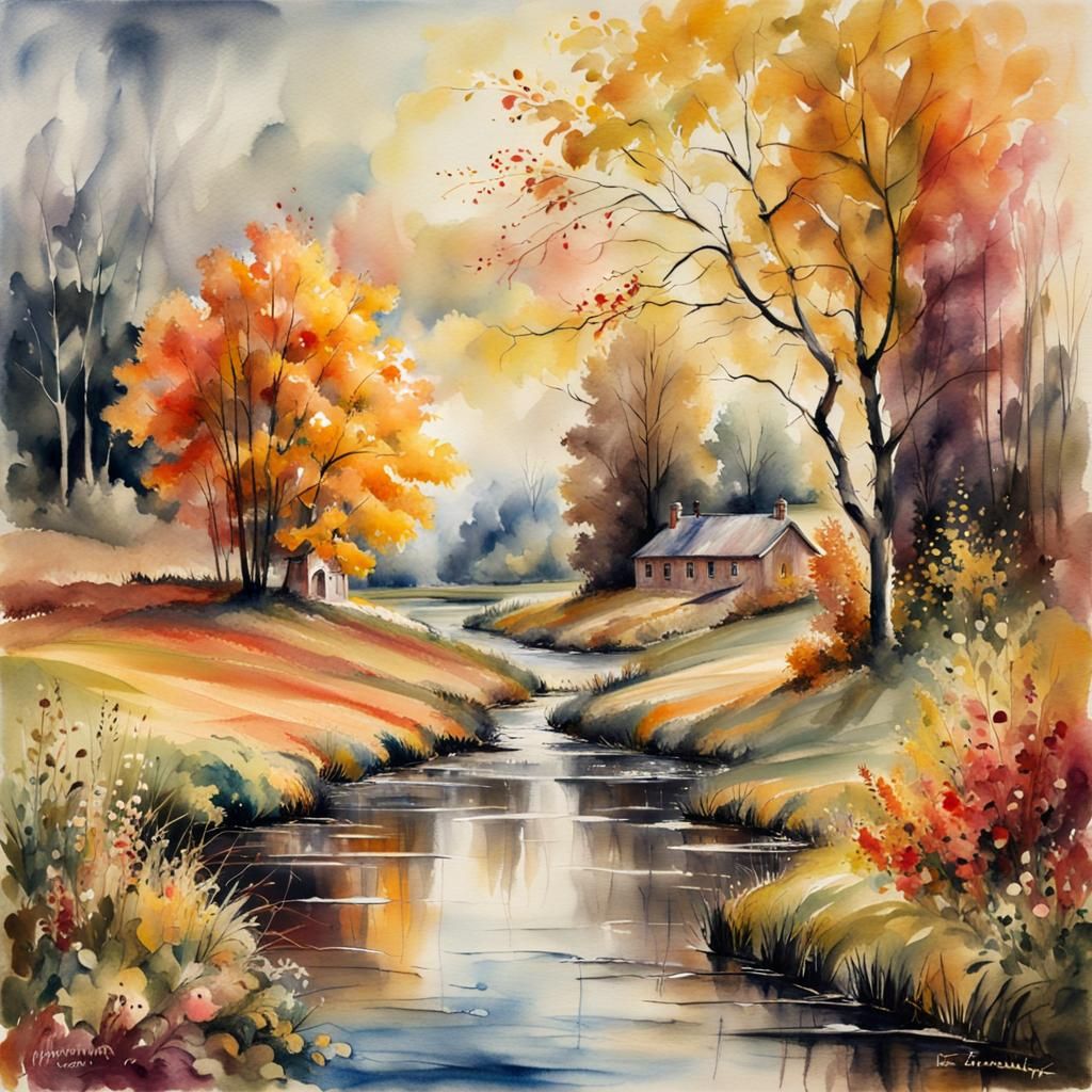 Autumn Landscape Watercolour in Romantic Style