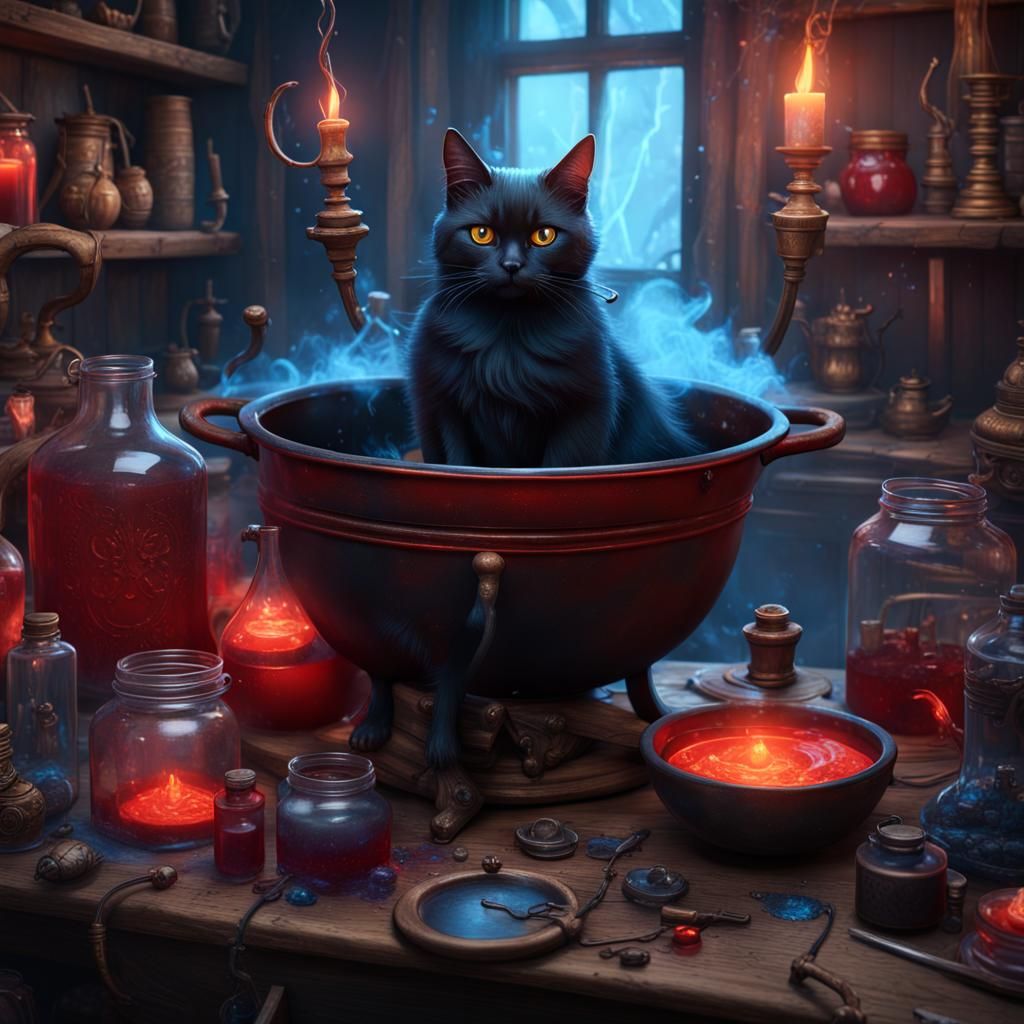 Blue Witch and Cat with Bubbling Cauldron