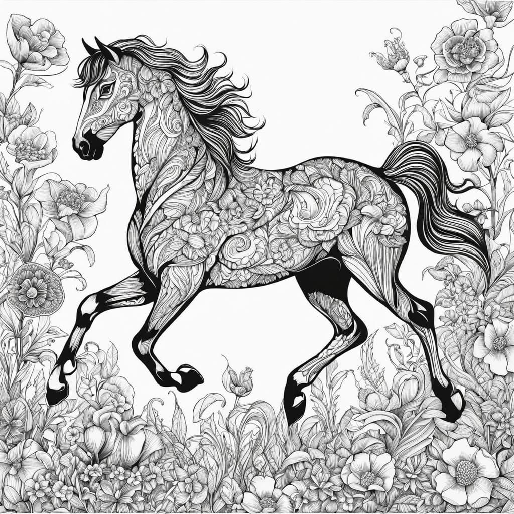 a lineart horse އަސް galloping ދުވެފައި ދުއްވައިގަތުން through a flowery މާތަކެއް ހުރެއެވެ field