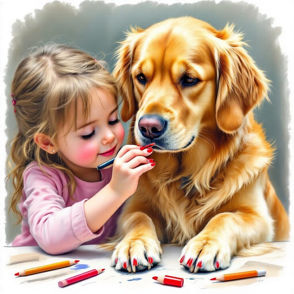 Girl Giving Dog a Manicure in Colored Pencil