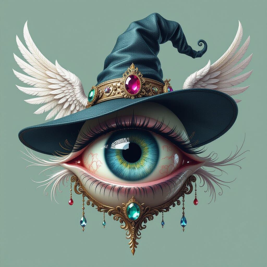 Surreal Winged Eyeball with Jeweled Witch Hat