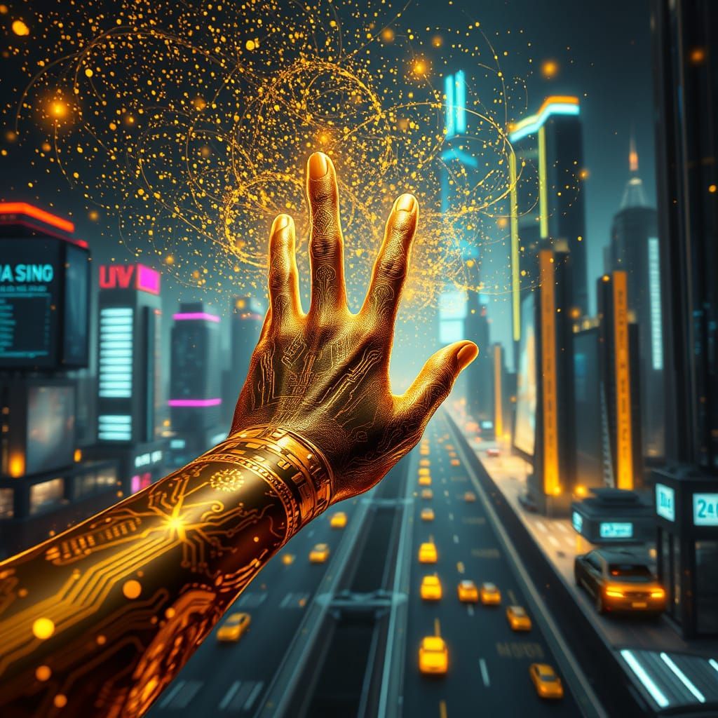 Glowing Hand Transforms World into Golden Cyberpunk Paradise