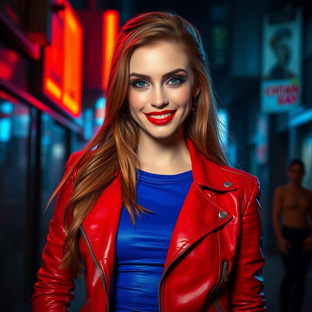 Cyberpunk Actress with Red Lipstick in Neon City