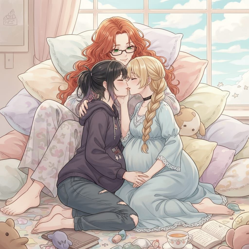 Anime Style Portrait: Woman with Red Hair and Glasses Watchi...