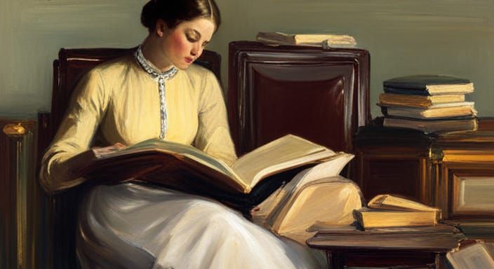 Woman Reading with Butterflies, Beaux-Style Oil Painting