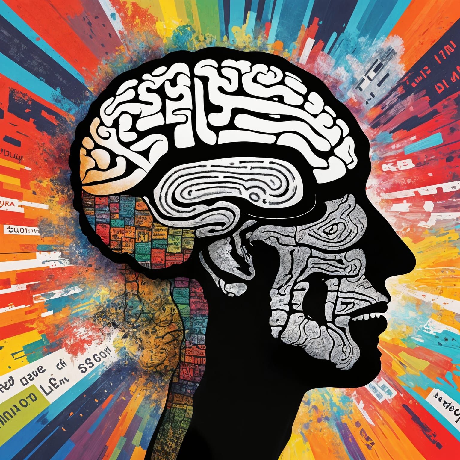 Monochrome Brain in Lettrism Style with Words