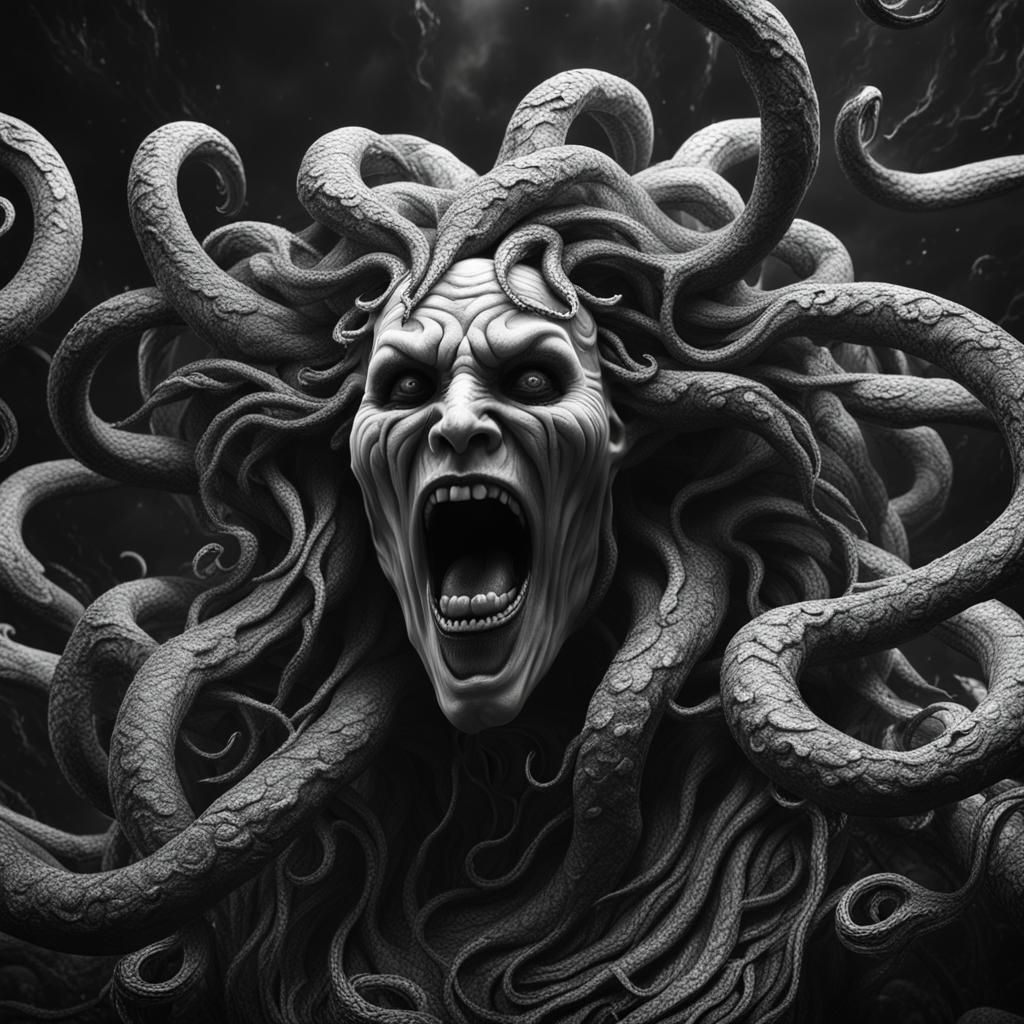 Scary Black and White Medusa Scream