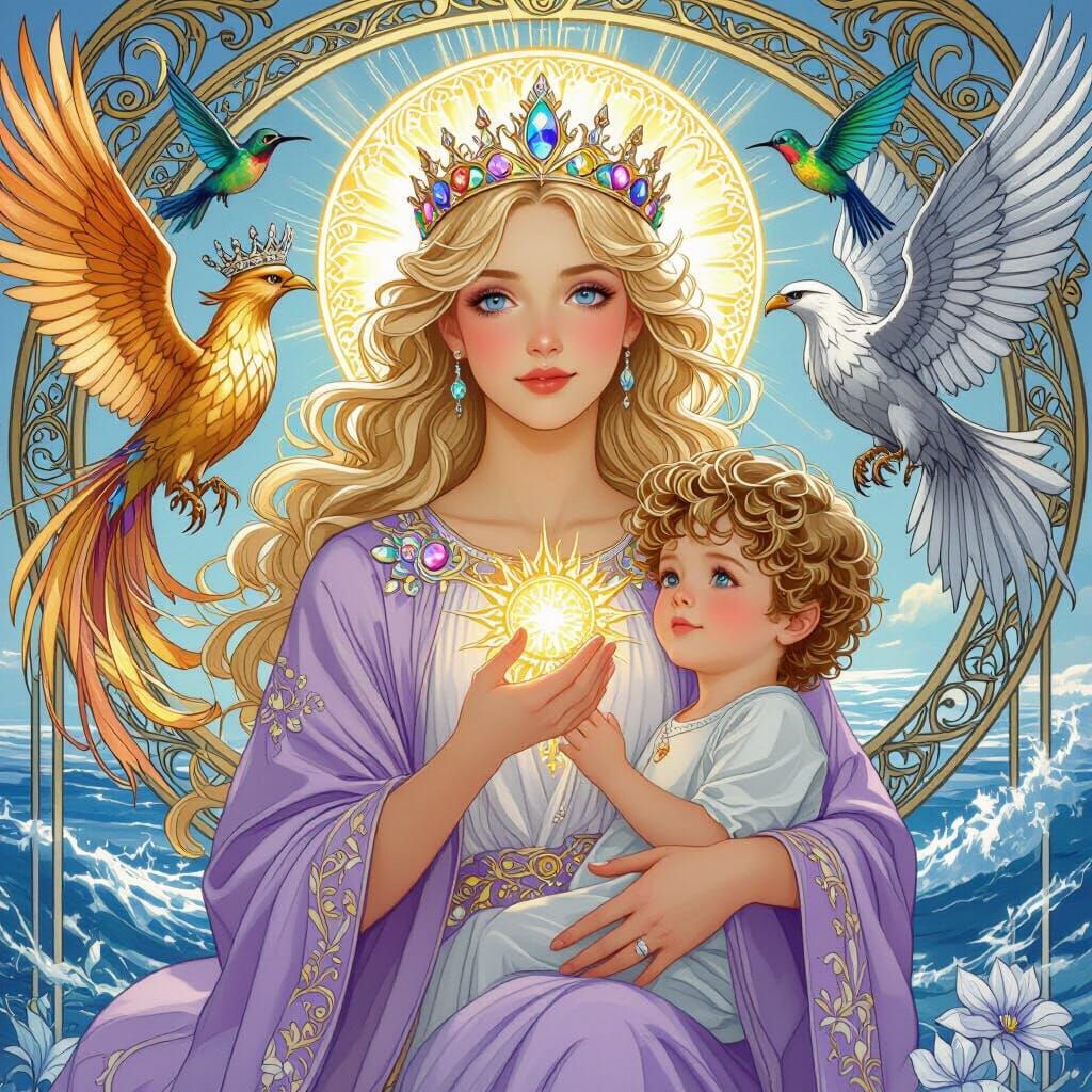 Angelic Mother and Child in Art Nouveau Style