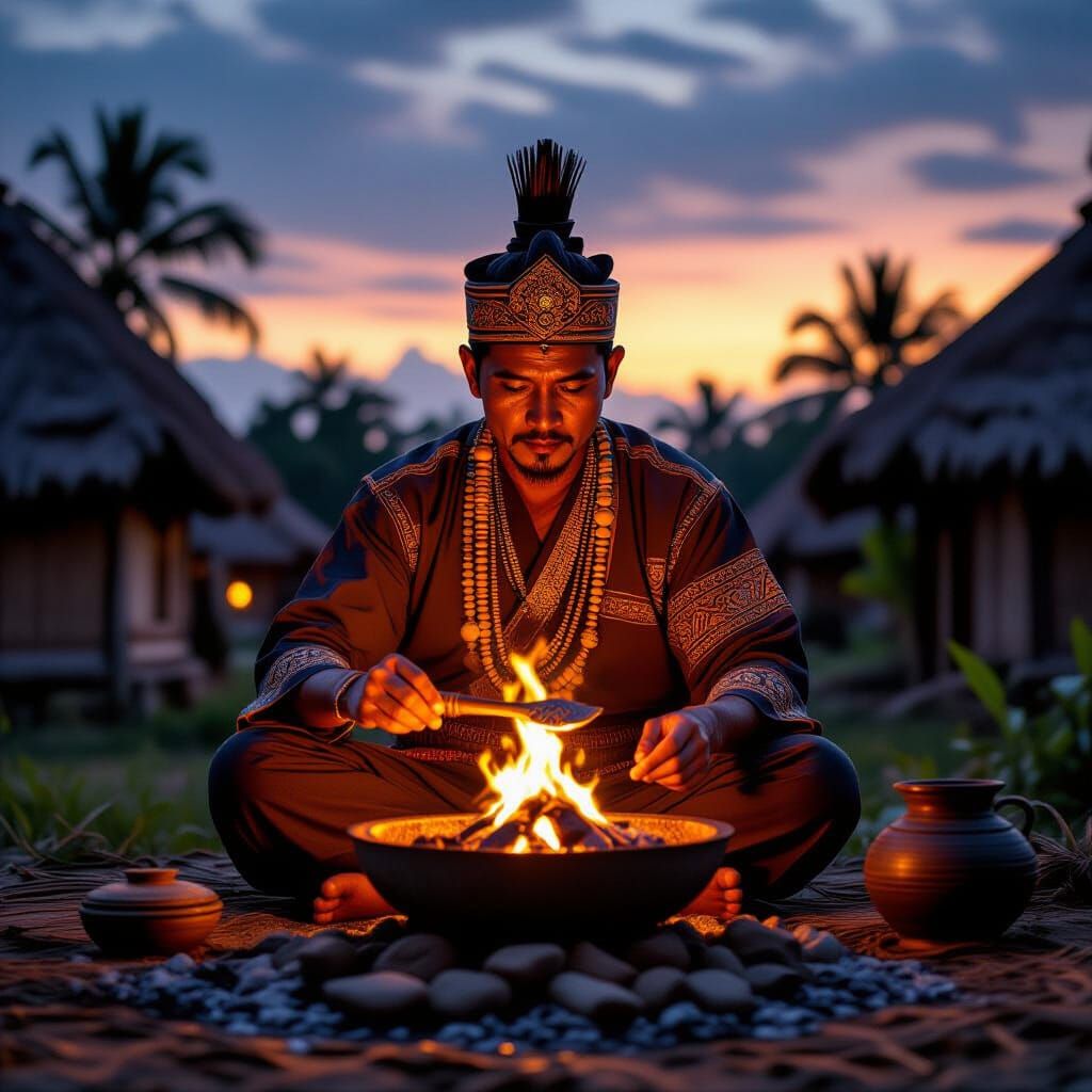 Indonesian Shaman Casting Spell in Traditional Village