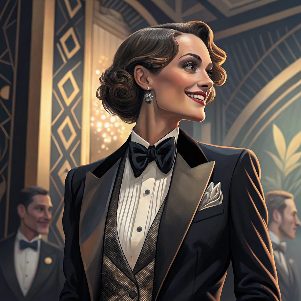Elegant Woman in Tuxedo with Art Deco Flair