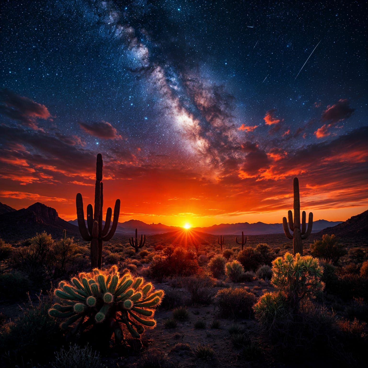 Dramatic Red Desert Sunset with Stars
