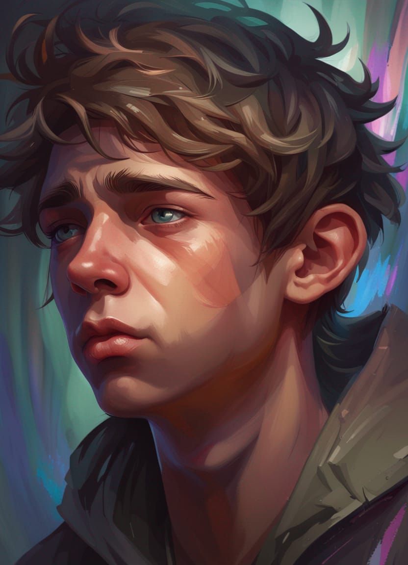 Anguished Teen Boy Portrait in Hyperdetailed Style