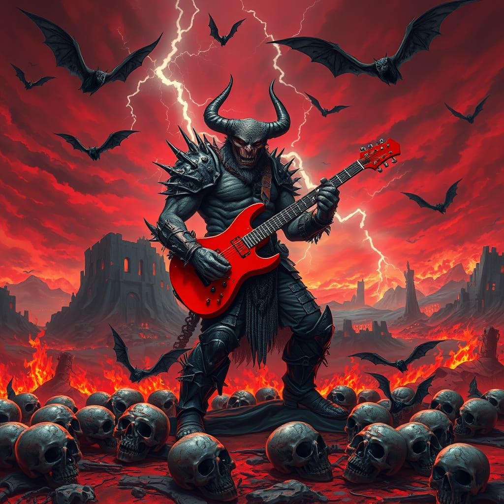 Armored Monster Shreds Guitar in Apocalyptic Wasteland