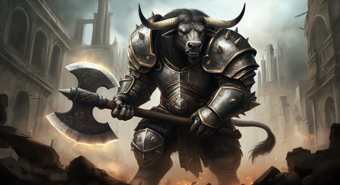 Epic Minotaur Wields Battle Axe in Ruins