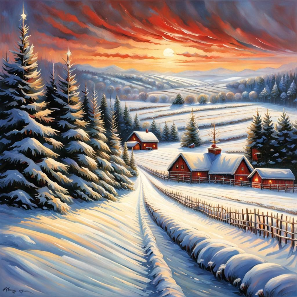 Snowy Christmas Tree Farm in Winter Landscape