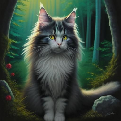 Norwegian Forest Cat Gouache Painting with Sparkling Eyes