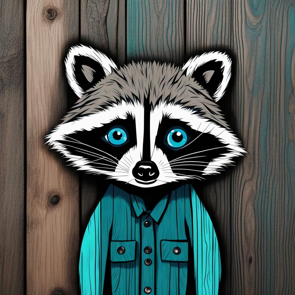 Raccoon with Blue Eyes: Art Brut Wood Plank Art