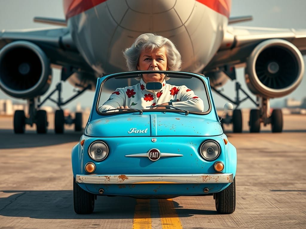 Elderly Woman Scowls in Vintage Fiat on Runway