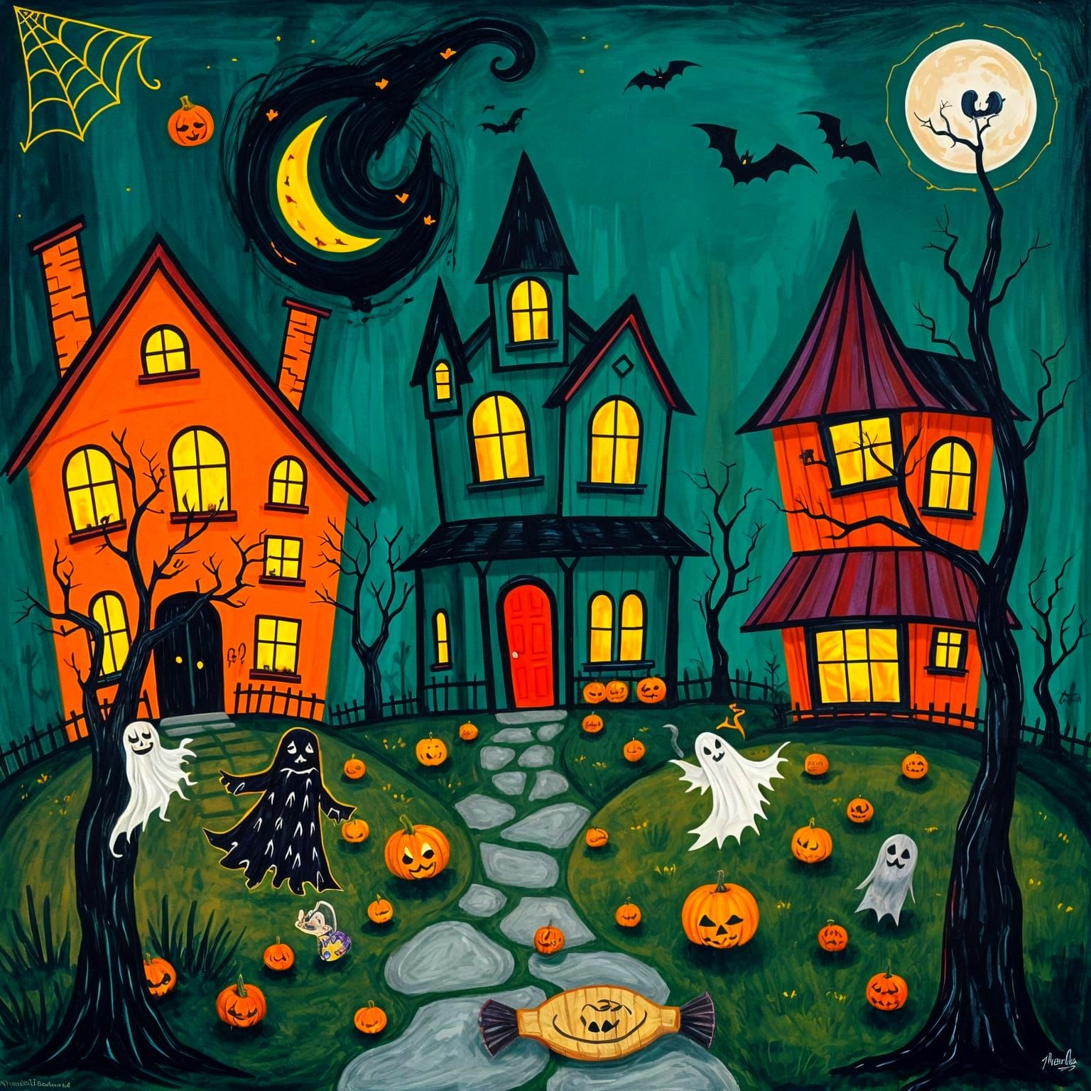 Spooky Halloween Trick-or-Treat Night in Abstract Style