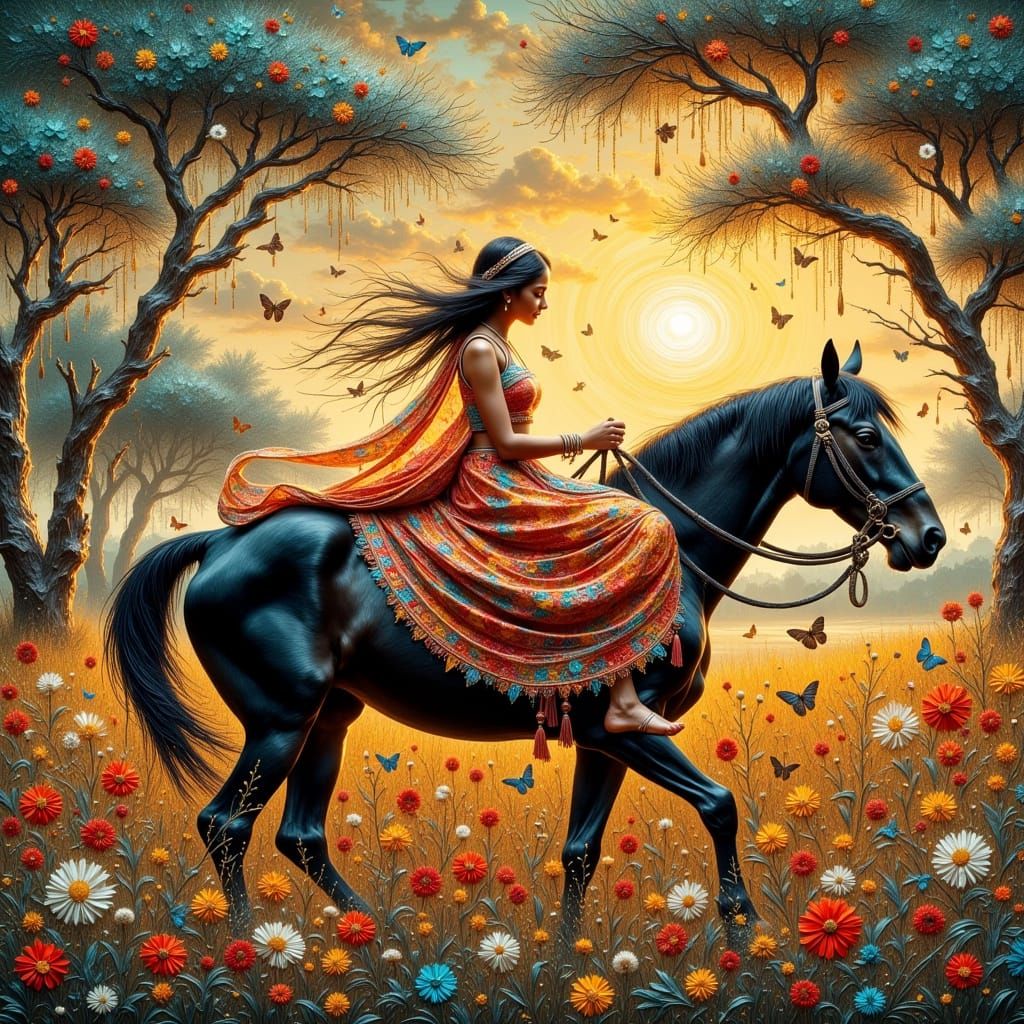 Indian Woman on Horse in Alphonse Mucha Style